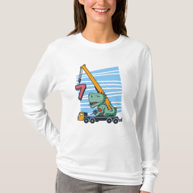 T-shirt 7 ans 7e anniversaire grue mobile dinosaure (Devant)
