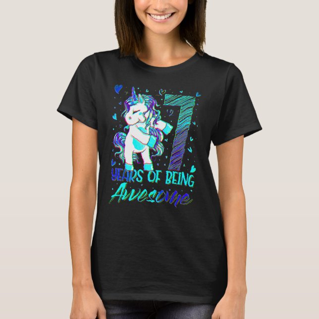 T-shirt 7e anniversaire 7 année fille Flossing Unicorn Par (Devant)