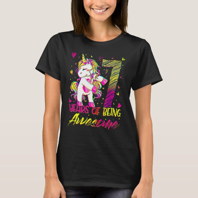 T-shirt 7e anniversaire 7 année fille Flossing Unicorn Par (Devant)