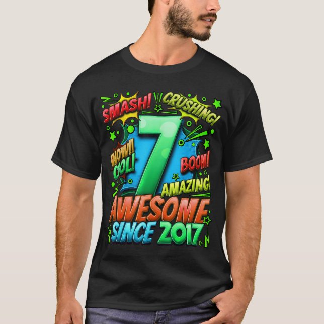 T-shirt 7e anniversaire de style de bande dessinée Awesome (Devant)