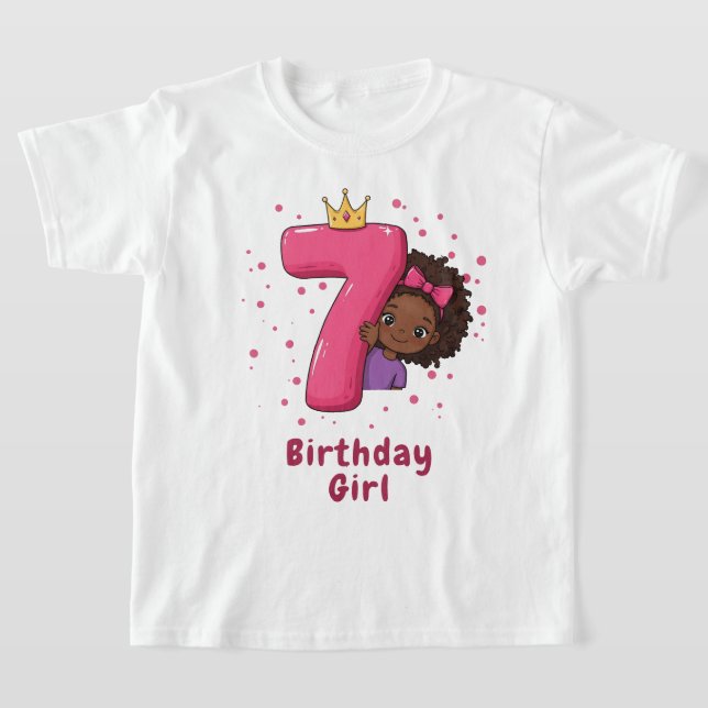 T-shirt 7e anniversaire fille avec Couronne et numéro rose (Poser)