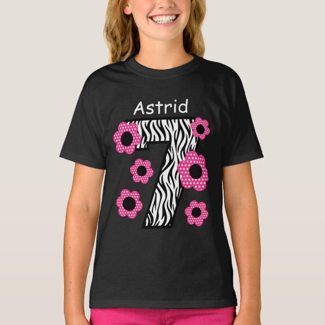 T-shirt 7ème Nom fait sur commande C007 de zèbre rose (Devant)