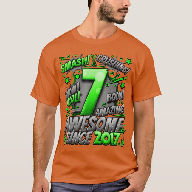 T-shirt 7th Birthday Comic Style Awesome since 2017 7 Year (Devant)