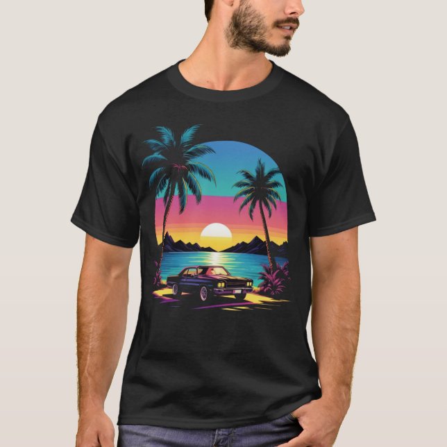 T-shirt 80s Retro Style Sunset with Car (Devant)