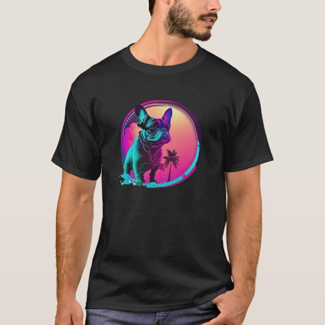 T-shirt 80s Synthwave Retrowave with French Bulldog Aesthe (Devant)