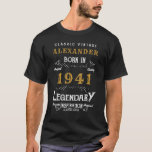 T-shirt 80th Birthday Ajouter Votre Nom Né 1941 Légendaire<br><div class="desc">80th Birthday born in 1941 Ajouter votre nom Tshirt. Modifiez le nom et l'année avec le modèle fourni. Un magnifique Tshirt d'anniversaire noir. Plus de cadeaux et de fournitures de fête disponibles avec le design "légendaire" dans le magasin.</div>