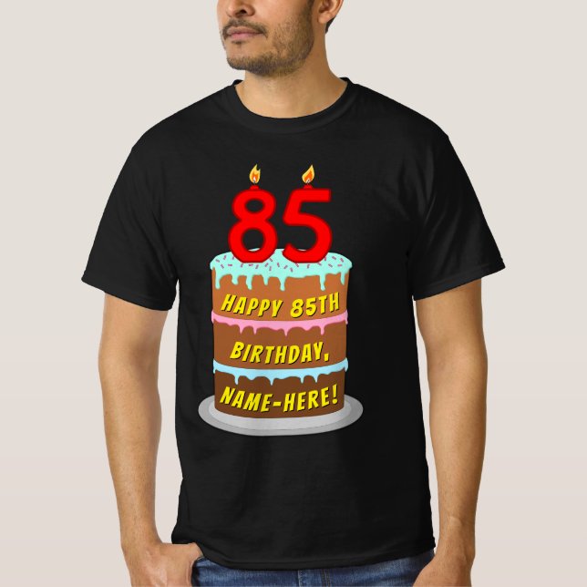 T-shirt 85e anniversaire — Fun Cake & Candles, avec nom pe (Devant)