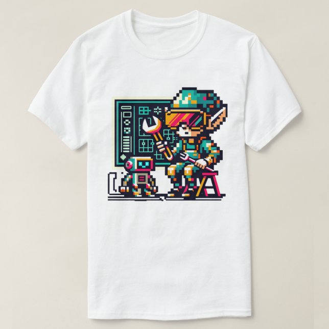 T-shirt 8 bits Cyberpunk Elf & Robot Retro Pixel Art Desig (Design devant)