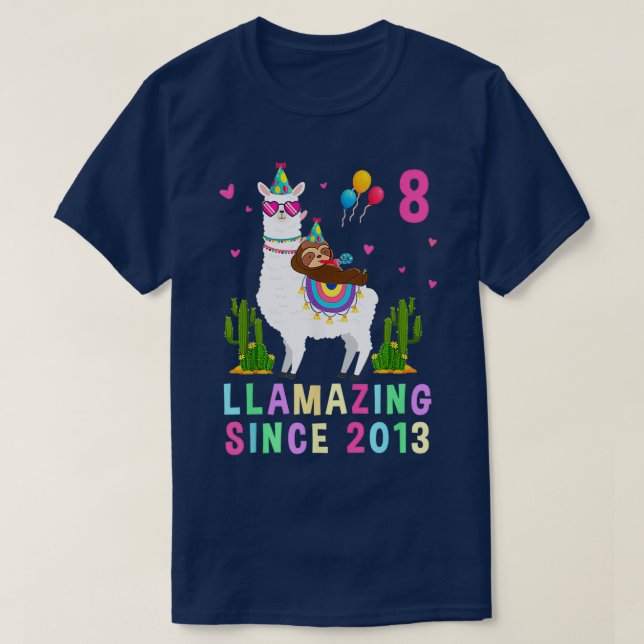 T-shirt 8 Years Old 8th Birthday Sloth Riding Llama Girls (Design devant)