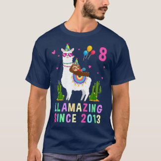 T-shirt 8 Years Old 8th Birthday Sloth Riding Llama Girls