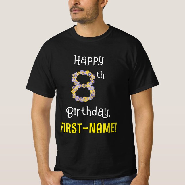 T-shirt 8e anniversaire : Fleurs florales Numéro "8" + Nom (Devant)