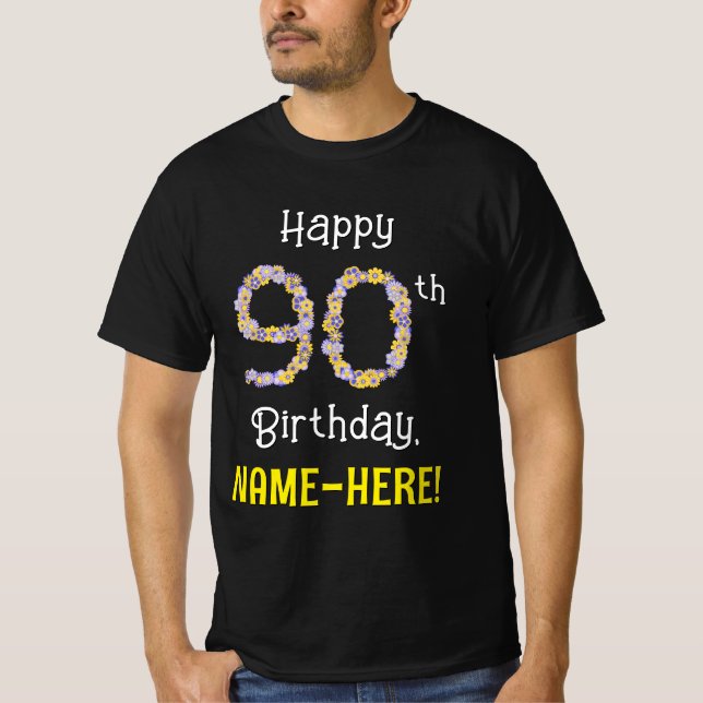 T-shirt 90e anniversaire : Fleurs florales Numéro "90" + N (Devant)