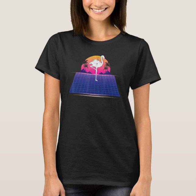 T-shirt 90s 80s Vaporwave Sunset Flamant rose Retro Tropic (Devant)