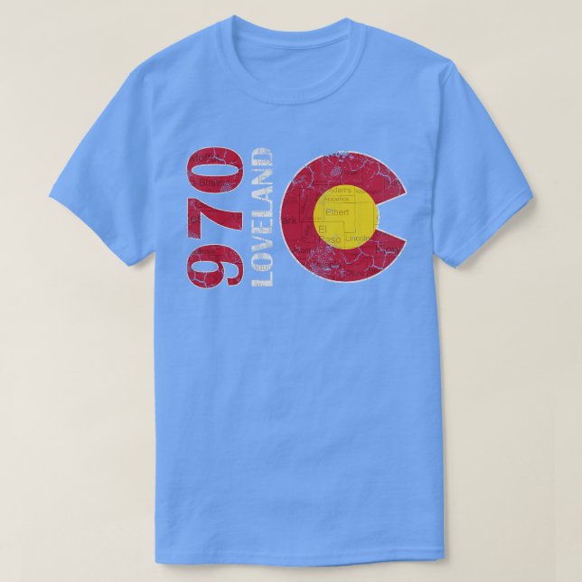 T-shirt 970 Loveland Colorado Carte Fade Rétro (Design devant)