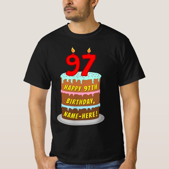 T-shirt 97e anniversaire — Fun Cake & Candles, avec nom pe (Devant)
