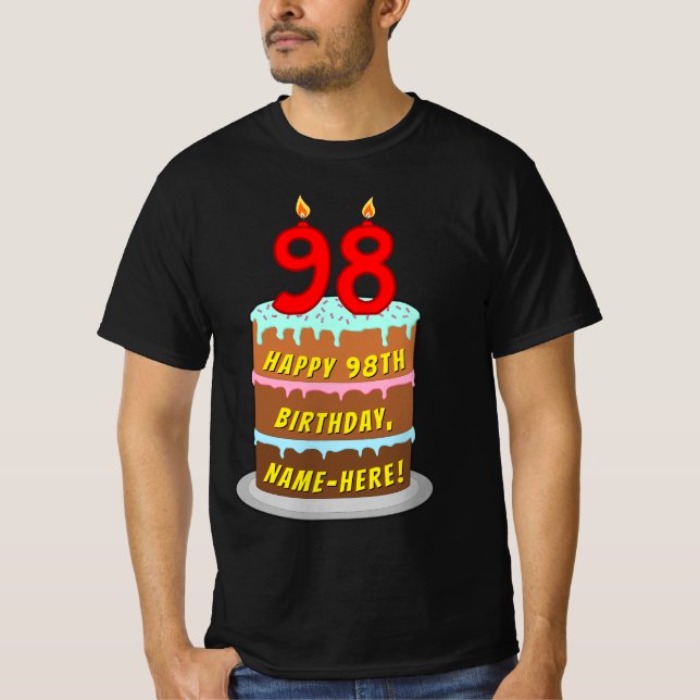 T-shirt 98e anniversaire — Fun Cake & Candles, avec nom pe (Devant)