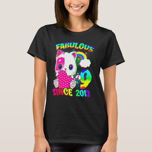 T-shirt 9 Ans 9e Anniversaire Cute Cat Girl Fabulous Si (Devant)