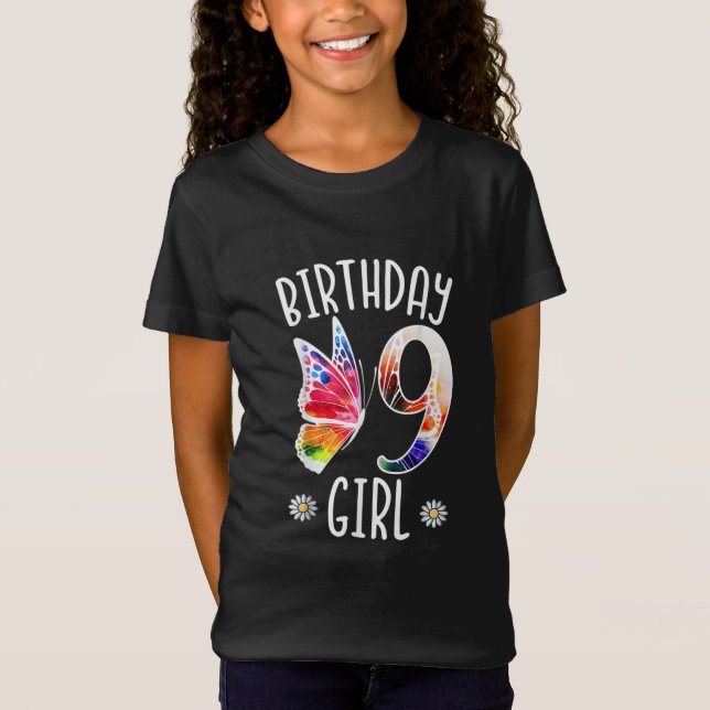 T-Shirt 9 Years Old Girls Butterflies 9th Birthday Girl (Devant)