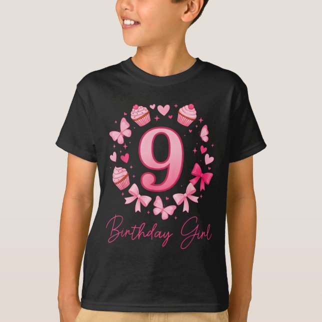 T-shirt 9th Birthday Girl Aesthetic Coquette Bow  (Devant)