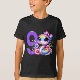 T-shirt 9th Birthday Girl Snake Party Rainbow Coquette Bow