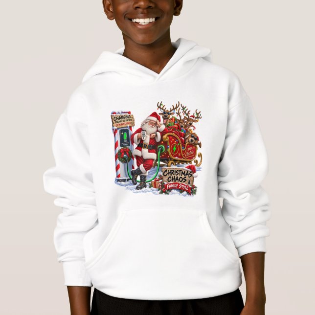 T-shirt à capuche drôle de Noël Santa EV Charging (Devant)