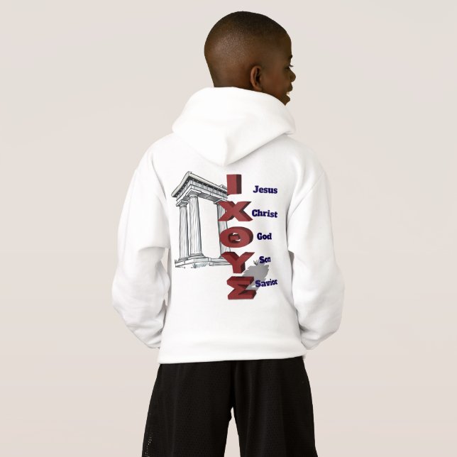 T-shirt à capuche pour enfants avec ICTHYS  acrony (Dos entier)