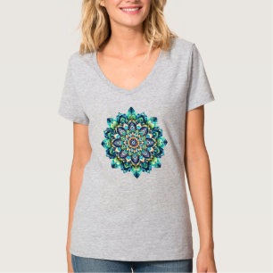 T-shirt à col V Mandala vert/bleu