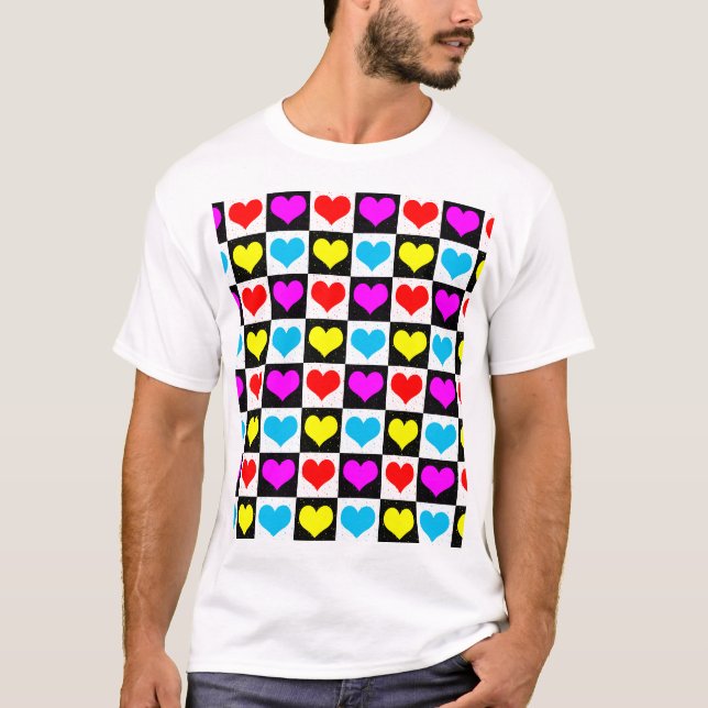 T-shirt à damiers Coeurs colorés Motif (Devant)