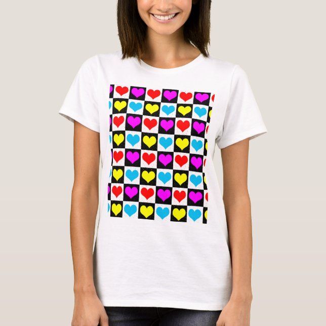 T-shirt à damiers Coeurs colorés Motif (Devant)