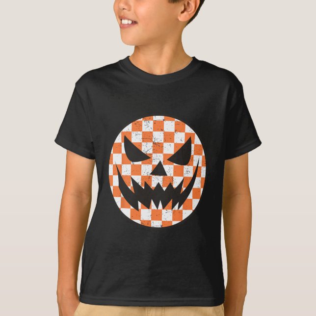 T-shirt à damiers Motif Halloween Face Enfants tendance (Devant)