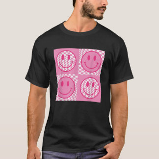 T-shirt à damiers Motif sourire visage mème rose joyeux vi