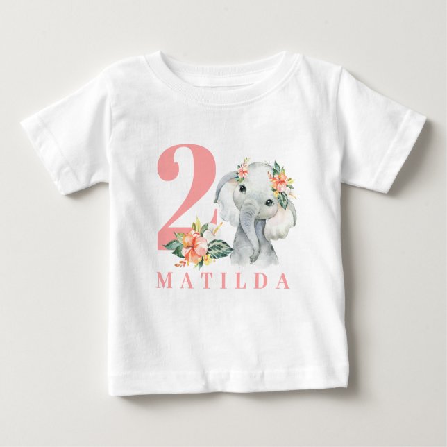 T-shirt à fleurs d'éléphant de 2e anniversaire (Devant)