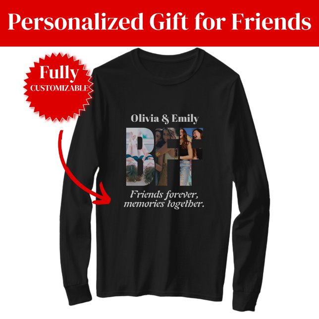 T-Shirt à manches longues avec collage de photos d (BFF Photo Collage Long Sleeve T-Shirt Gift for Friend)