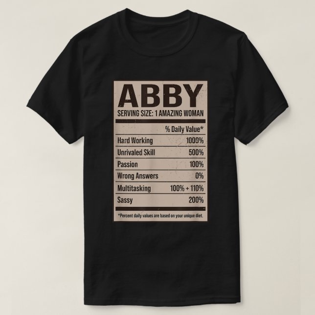 T-shirt Abby Nutrition Facts Nom Nicks Alias Title Fri (Design devant)