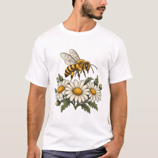 T-shirt Abeille à miel avec marguerites et feuilles botani