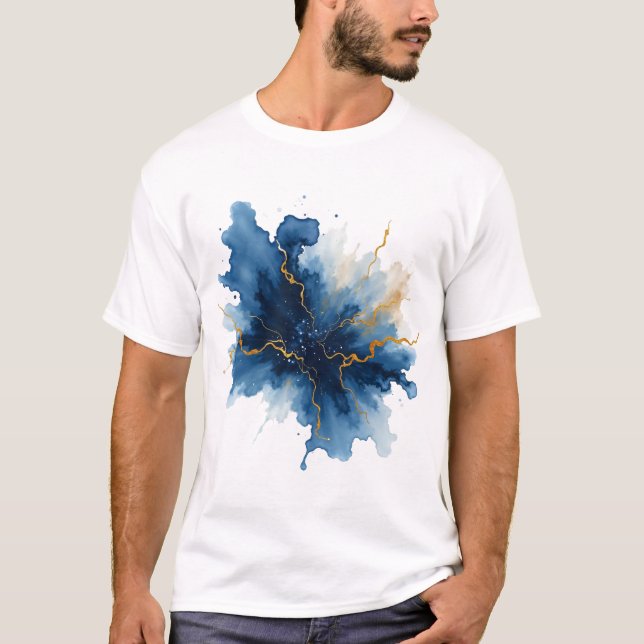 T-shirt Abstract Blue Gold Ink Splash (Devant)