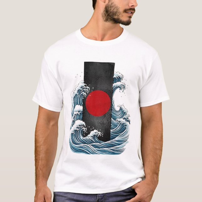 T-shirt Abstract Ocean Wave and Red Circle Art (Devant)