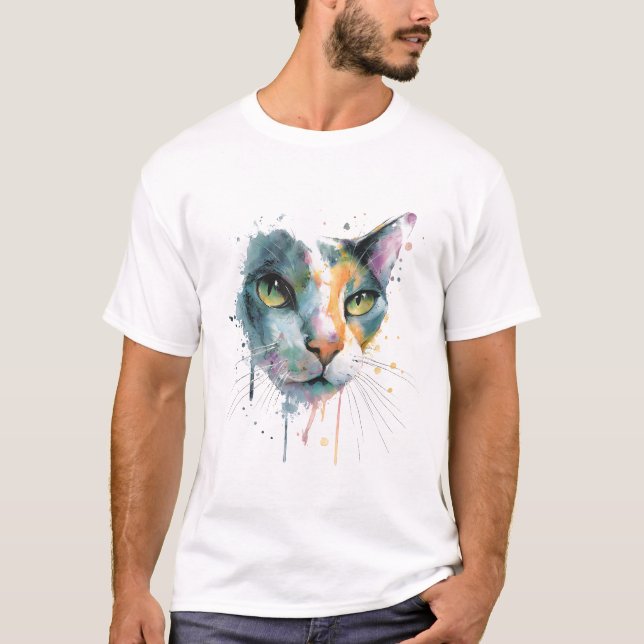 T-shirt Abstract Watercolor Cat Face Colorful Art. (Devant)