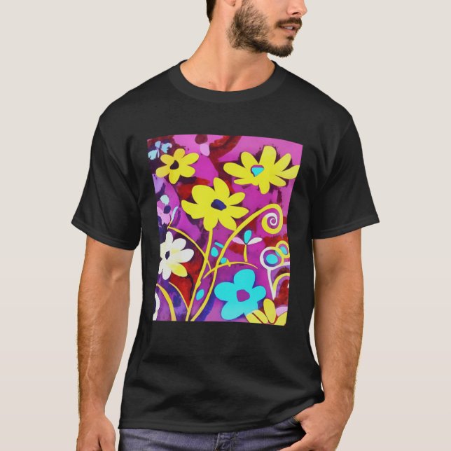 T-shirt Abstract Yellow Flowers On Viva Magenta (Devant)