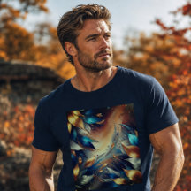 T-Shirt Abstrait à Feuilles Bleues et Cuivrées