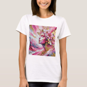 T-shirt Abstrait Elegant femme visage rose feuille