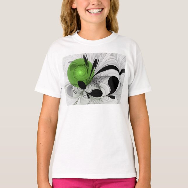 T-shirt Abstrait noir et blanc avec art fractal vert (Devant)