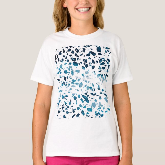 T-shirt Abstrait Terrazzo Mosaic Marine et Motif bleu clai (Devant)