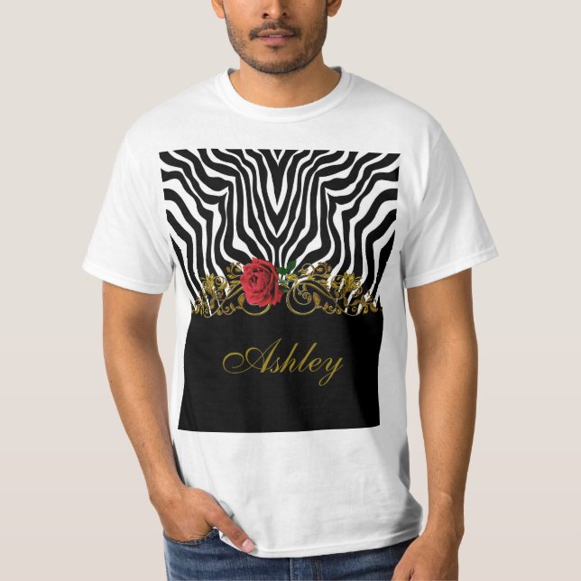 T-shirt Abstraite Fleur Zèbre Rouge Noir Blanc Or         (Devant)