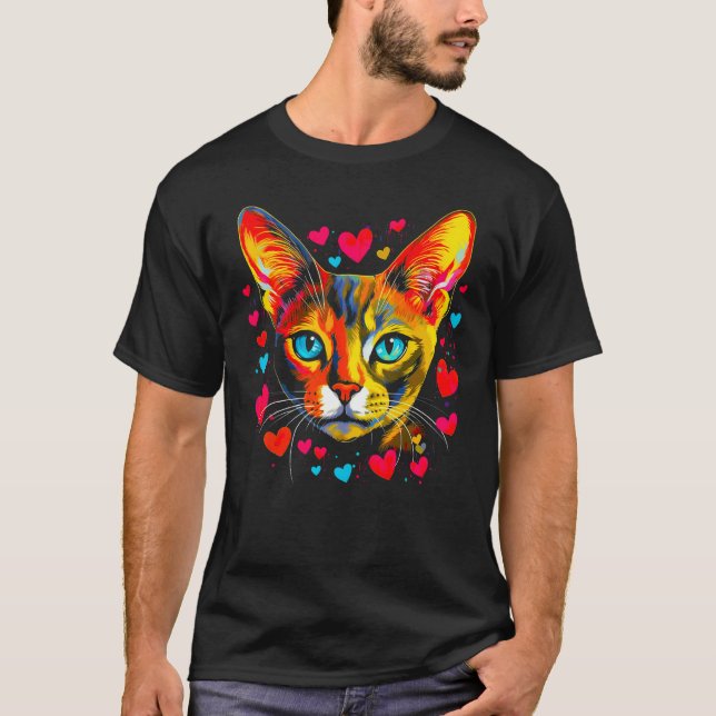 T-shirt Abyssinian Cat Blue Pink Red Heart (Devant)