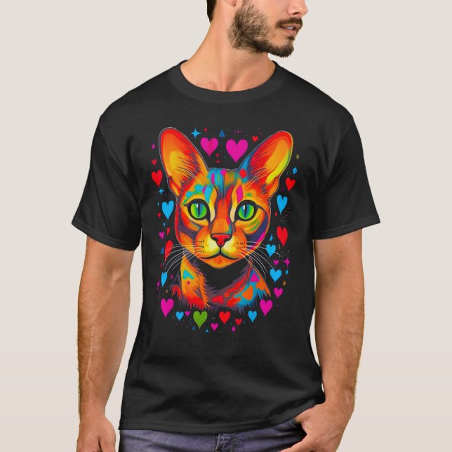 T-shirt Abyssinian Cat Pink Blue Red Heart (Devant)