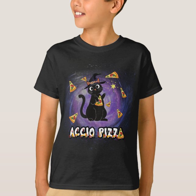 T-shirt Accio Pizza Funny Black Cat Magicien (Devant)