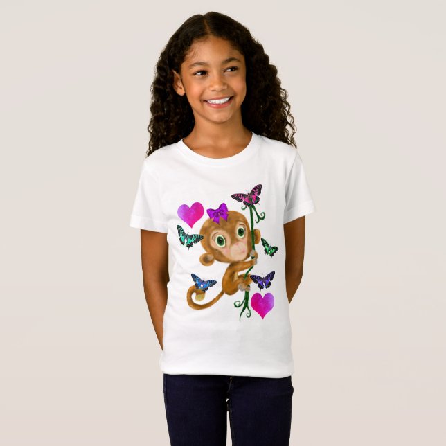 T-Shirt Accrochez-vous autour du singe avec papillons et c (Devant entier)