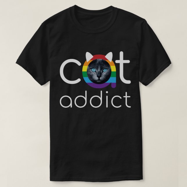 T-shirt Addict chat blanc arc-en-ciel bleu yeux (Design devant)