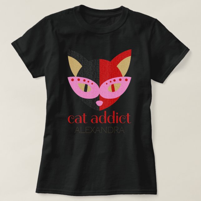 T-shirt Addict chat mignon noir rouge rose Customisé Nom (Design devant)